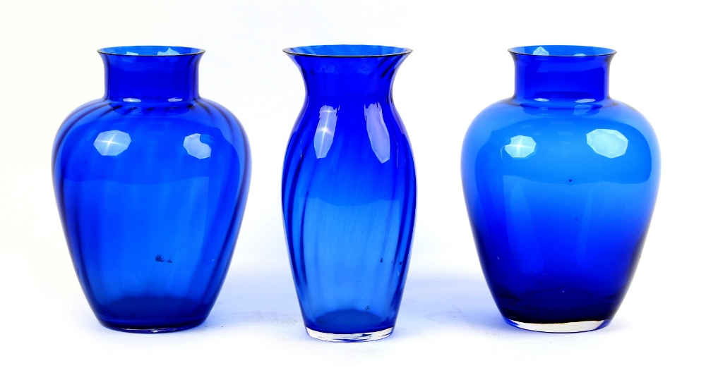 Property of a gentleman - a large pair of 'Bristol' blue glass vases, each 16ins. (40.6cms.) high;