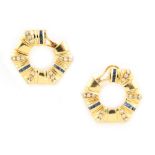 A pair of 18ct yellow gold sapphire & diamond earrings of hexagonal form, with clip fastenings, each