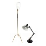 Property of a deceased estate - a modern brass tripod standard lamp; together with a black angle
