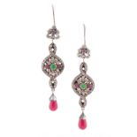 Property of a lady - a pair of silver pendant earrings set with paste & coloured 'stones', each