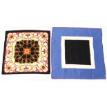 Property of a lady - a Calvin Klein silk scarf with black, white & blue square design; together with