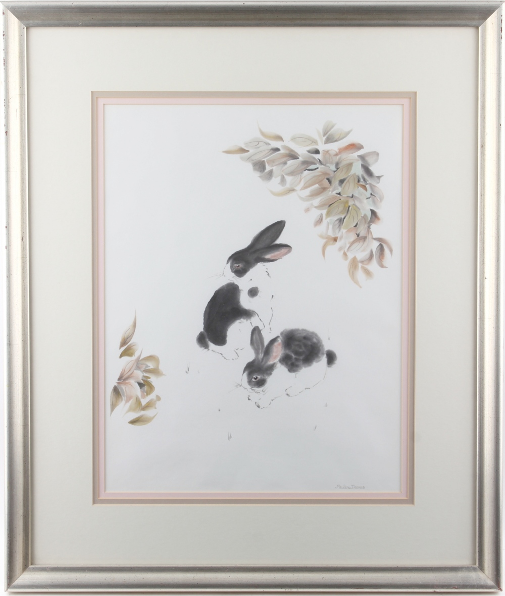 A collection of works by Pauline Bull, nee Davies (b.1957) - TWO DUTCH RABBITS - wash drawing, 24.25