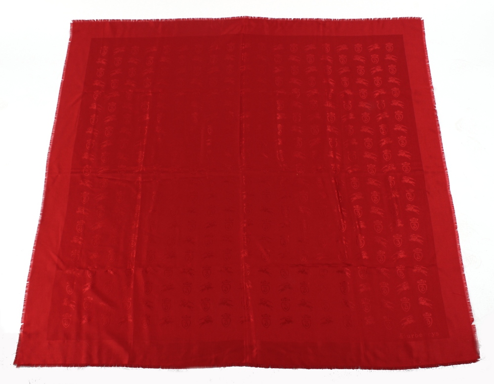 Property of a lady - a Burberry red jacquard silk & wool blend shawl.