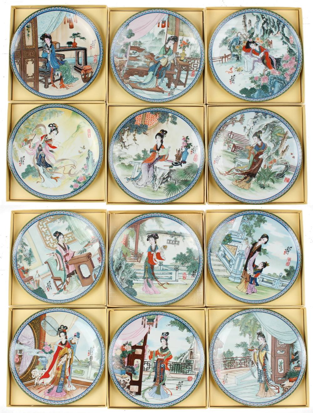 Property of a lady - a complete set of twelve Imperial Jingdezhen porcelain plates, 'The Beauties of