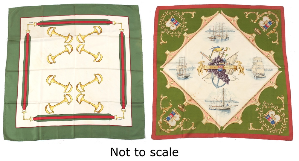Property of a lady - a Hermes silk scarf - Bordeaux Port Oceane; together with a Gucci silk scarf (