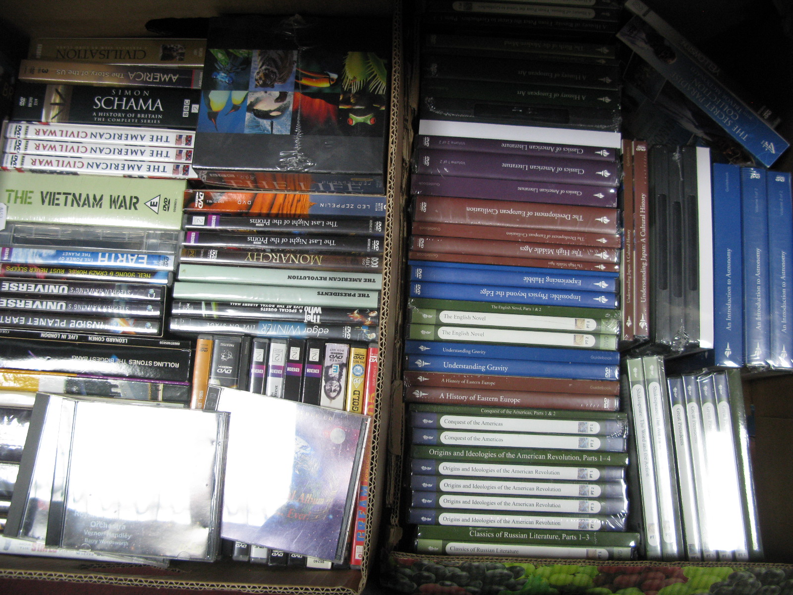 Two Boxes of CD's, including Astronomy, American History, The Vietnam War, David Attenborough 'The