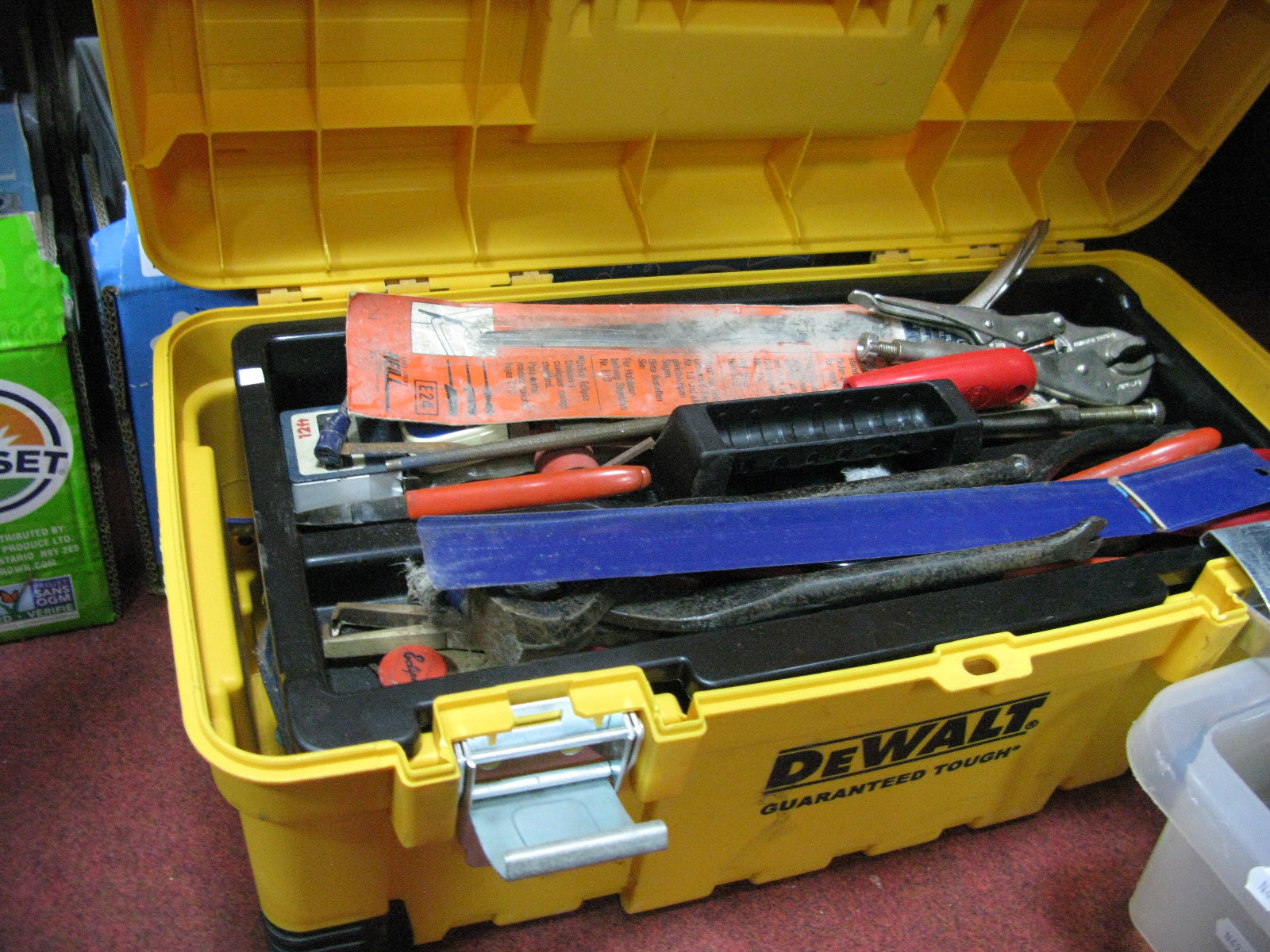 A Quantity of Mixed Tools, including files, pliers, screwdrivers, G-clamps etc. in a De Walt tool