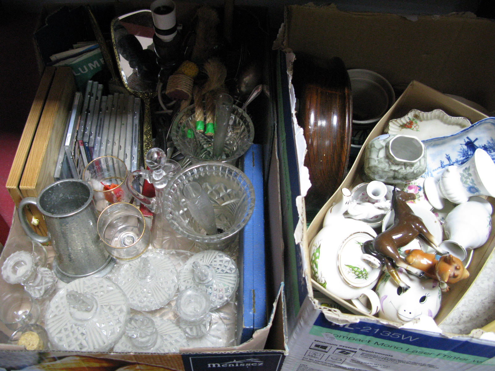 Wooden Fruit Bowl, mixing bowl, Grindley meat plate, trinket set, records, C.D's, etc:- Two Boxes