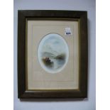 Early XX Century Watercolour on Porcelain, Tranquil River Scene, oval, 17 x 13cm.