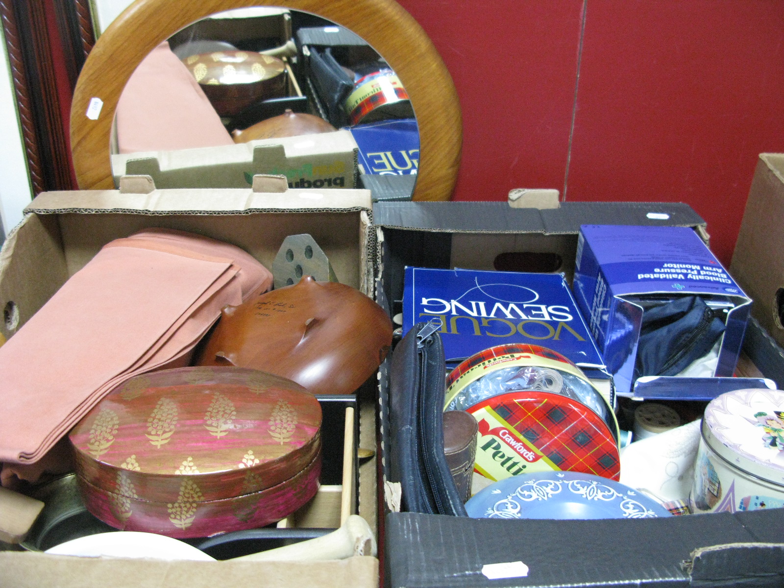 A Quantity of Sewing Thread, buttons etc, wooden bowls, mirror etc:- Two Boxes