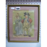 A Watercolour of An Old Soldier, wearing a Tricorn hat, and a young lady, unsigned.