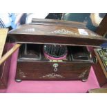 A XIX Century Rosewood Sarcophagus Shaped Tea Caddy, with mother of pearl inlay on bun feet.