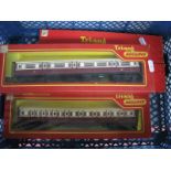 Four OO Gauge/4MM Tri-ang Caledonian Coaches, two R427, two R428, fair to good:- Boxes good.