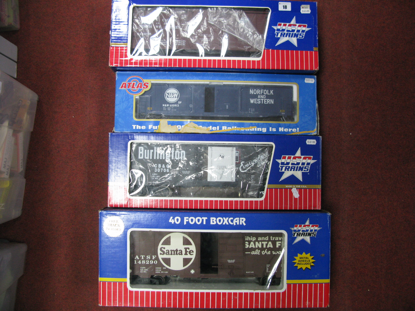 Four G Scale Items Box Vans, USA Trains Ref. R.19043B Burlington - R19200C Santa Fe - Chicago and