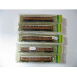 Five Minitrix 'N' Gauge L.N.E.R Teak Coaches, three Ref 13013, two Ref 13014 (Ref no's may be