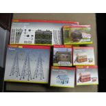 Seven Items of Hornby 'OO' Gauge Trackside Buildings, R8005 signal box (two), cottage, bridge,