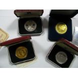 Four Cased Silver Crown Sized Coins/Medallions, including Pobjoy crown medal commemorating The