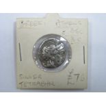 Greek Silver Tetradracham Head of Athena, owl on reverse late, 3-4, small flan for design.