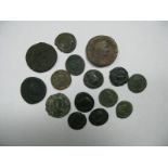 Fifteen Roman Bronze Coins Crispus, Constans Valontinius, Domitian Dupondius (needs cleaning)