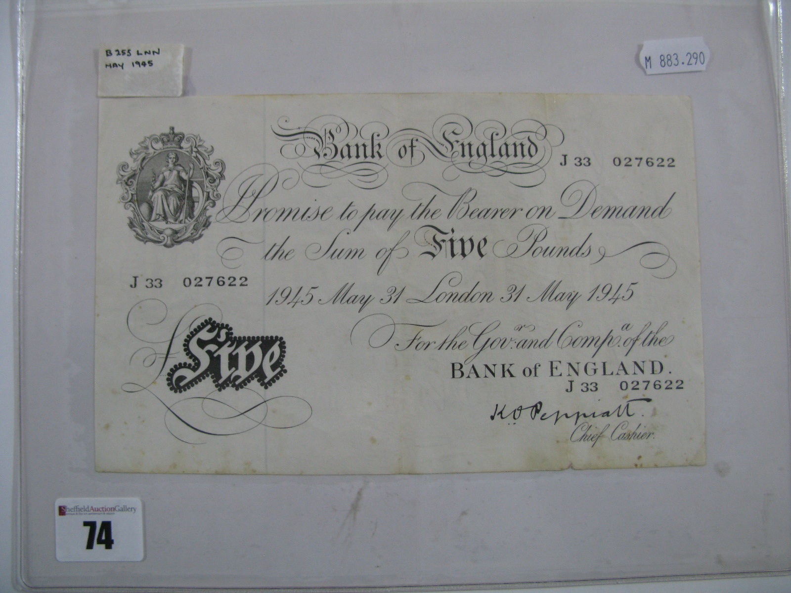 A Bank of England White Five Pounds Banknote, K.O. Peppiatt (Chief Cashier) J33 027622, London 31