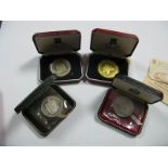 Four Cased Silver Crown Sized Coins, including Guernsey twenty five pence, 1972, Pobjoy 'Tynwald'