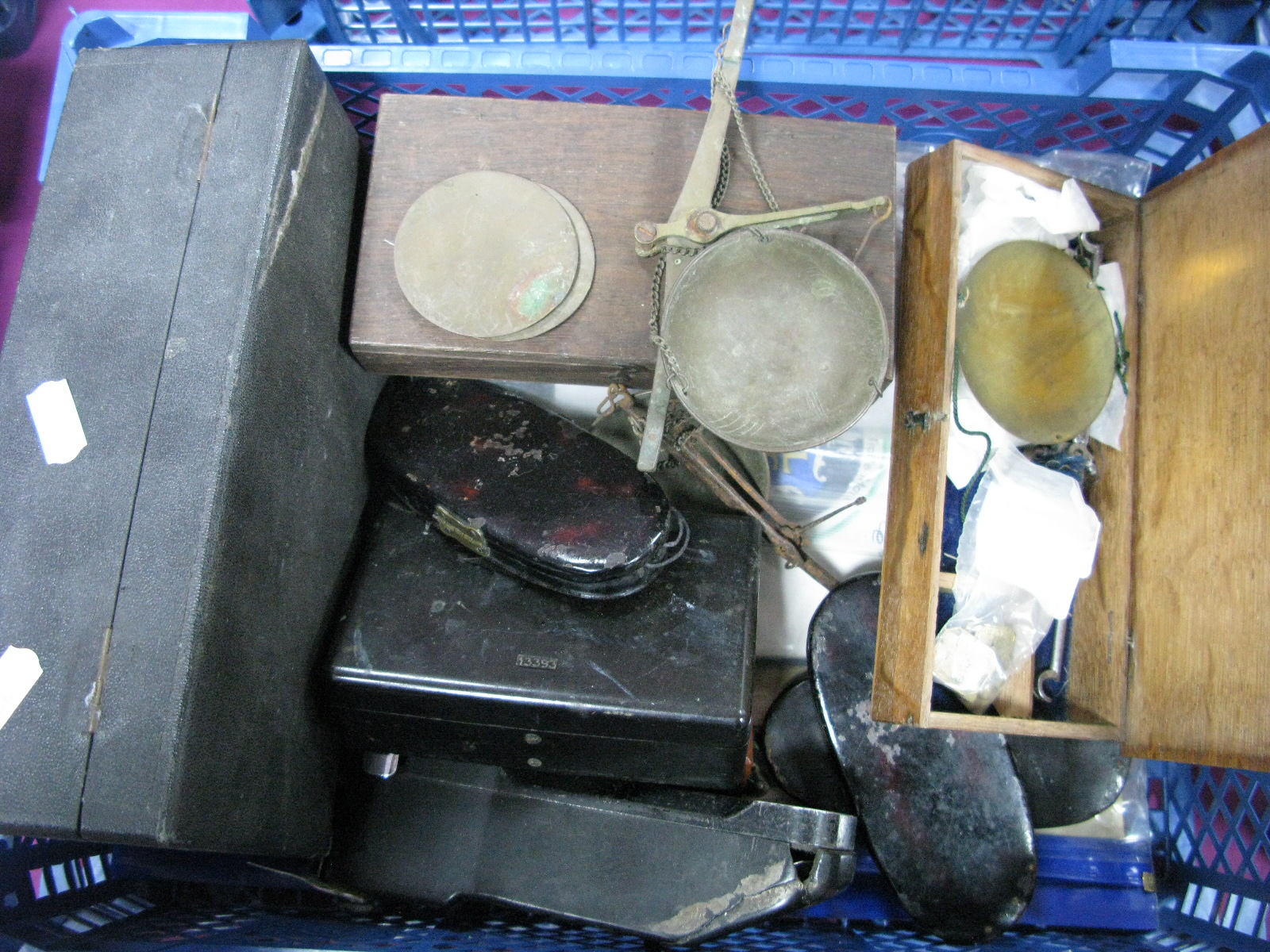 A Quantity of Scales and Weights, including 3 coin scales in Japanned boxes, 3 apothecary scales,