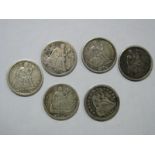 Six United States One Dime Coins, 1843, 1868, 1873 (2), 1875,1882, all from circulation and of