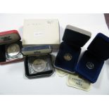 Seven Modern Silver Coins, including Pobjoy Isle of Man one pound (3 coin set), Gibralter twenty