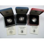 Three Royal Mint Silver Proof One Pound Coins, 1987, 1988 (Piedfort), 1988, all cased and