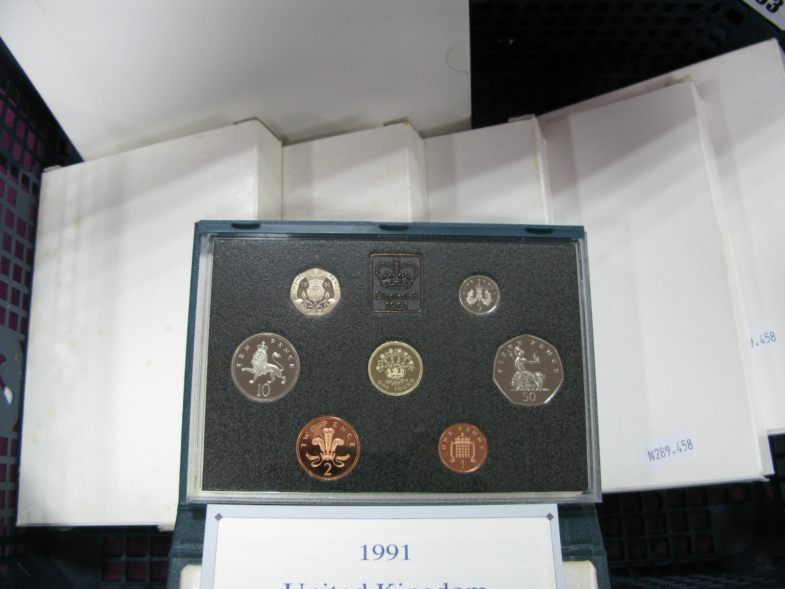 Six Royal Mint United Kingdom 'Blue Case' Proof Coin Sets, 1990, 1991, 1993, 1995, 1998, 1999,