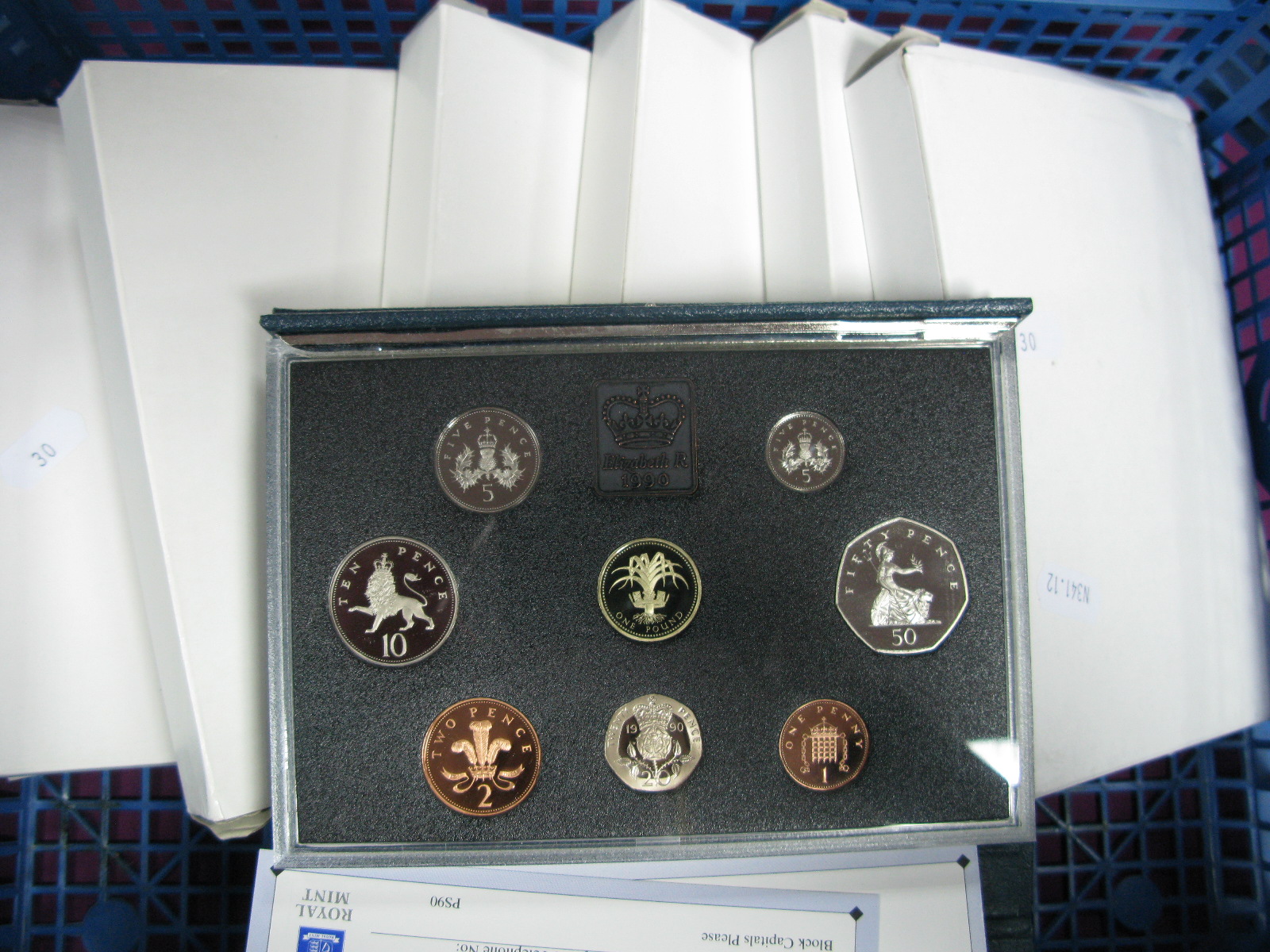 Seven Royal Mint United Kingdom Proof Coin Sets, 1990, 1991, 1993, 1994, 1995, 1998, 1999, presented