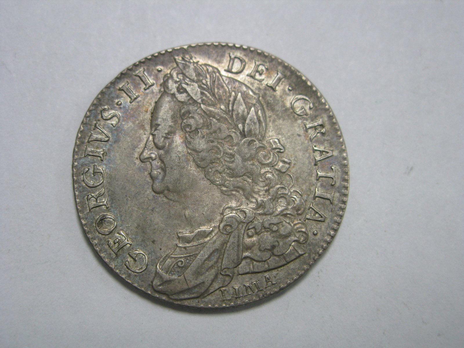 George II Half Crown Lima, in good very fine, toned, very good detail, clear date and Lima