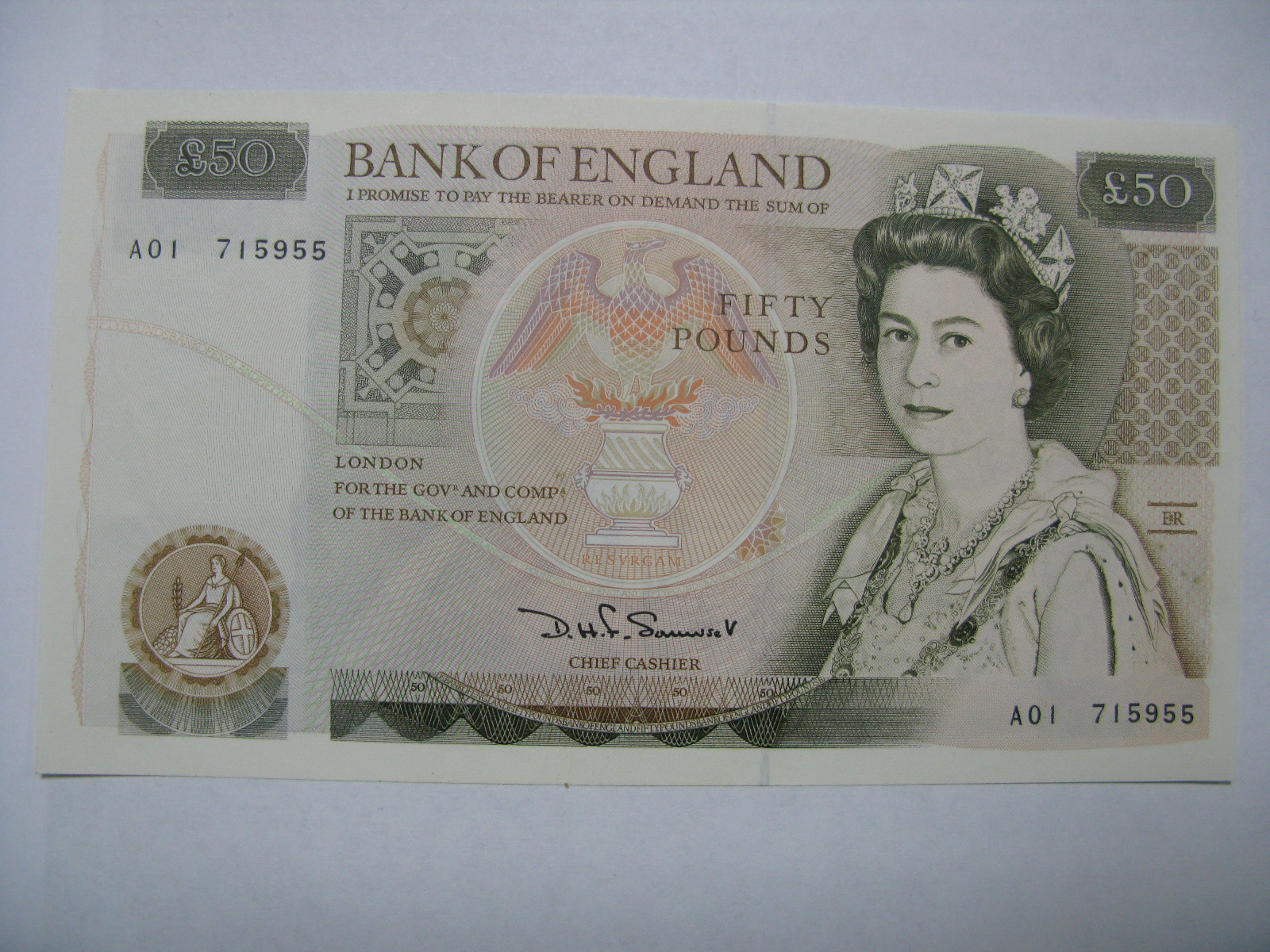 Bank of England 'First Run' Fifty Pounds Banknote. A01 715955, Chief Cashier - Somerset, high