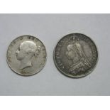 British Silver Double Florin, 1890 in near fine, 1849 Half crown, in very good condition, good