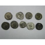 Nine Roman Denarii, noted Emperors Domitian, Hadrain Geta, Septimius Severus, full silver to debased