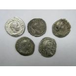 Five Roman Denarii, noted Marcus Aurelius:- Sevarus Alexander:- Faustina Caracalla, toned with