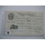 A Circulated Bank of England White Five Pounds Banknote, L.K.O'Brien (Chief Cashier) Z38 025462,