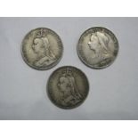 Three Queen Victoria Silver Crowns, 1890, 1891, 1896, all from circulation.