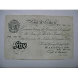 A Bank of England White Five Pounds Banknote, P.S. Beale (Chief Cashier) P25 061770, London 19