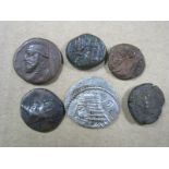 Parthia Vologases III Silver Dracham 102-107 AD, (good very fine) with 2 coppers and 3 copper