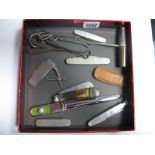 A Collection of Penknives, including mother of pearl and advertising, scissors plus Victorian button