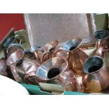 XIX Century Copper Measures, chocolate pot, slender spoon, tray, etc:- One Box