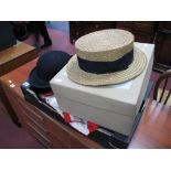'The York Hat' Straw Boater, Herbert Johnson black bowler hat and black top hat and box; Harry