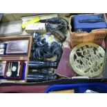 Ensign Camera, binoculars, brass trivet, trophies, iron, watch, etc:- One Box