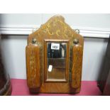Early XX Century Oak Framed Hall Mirror, with transfer scroll decoration and two suspending
