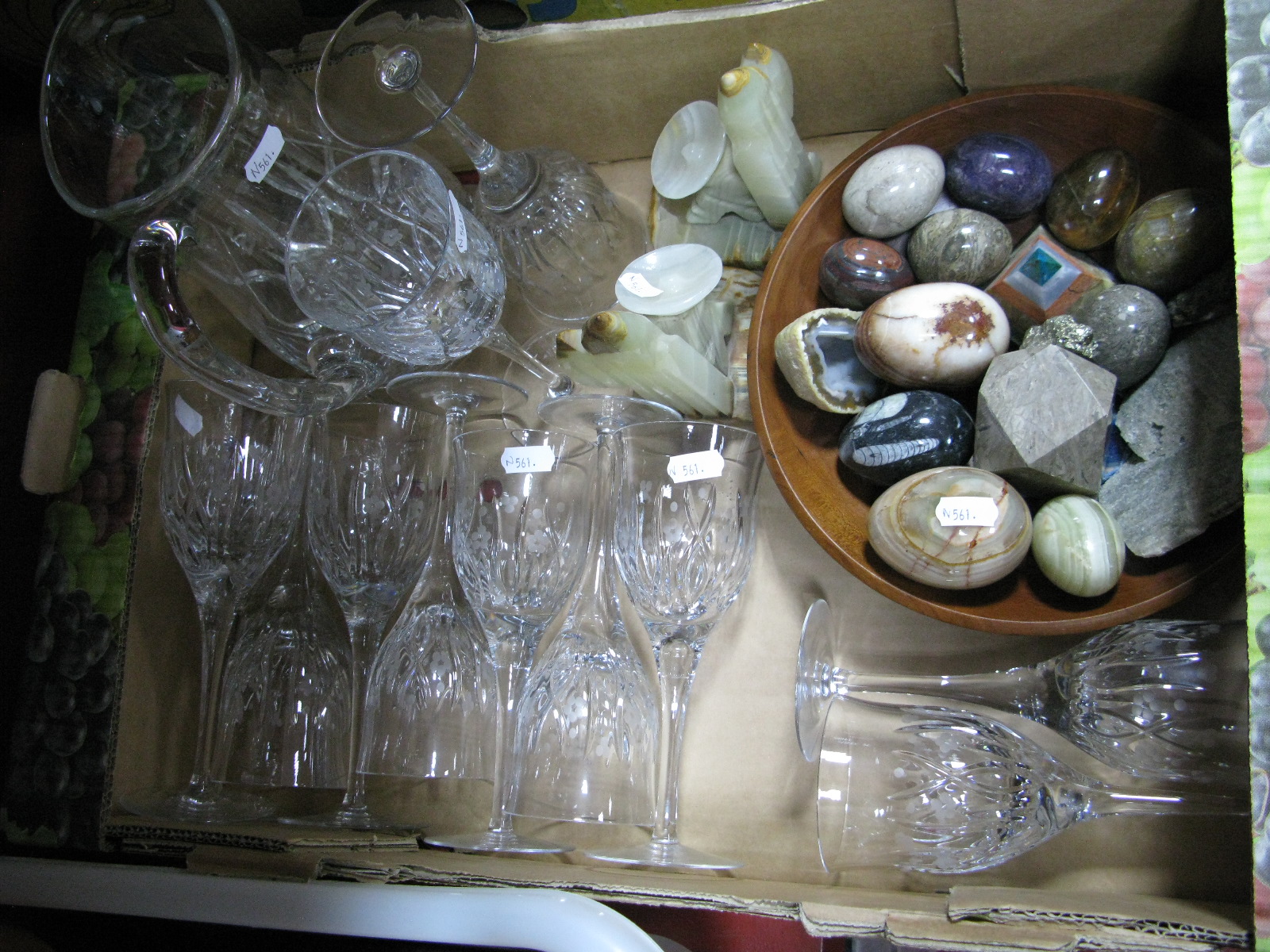 Twelve Long Stemmed Glasses and Matching Jug, mineral eggs, onyx book ends, wooden bowl, etc:- One