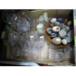 Twelve Long Stemmed Glasses and Matching Jug, mineral eggs, onyx book ends, wooden bowl, etc:- One