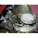 Brassware - warming pan, horse brasses, shell case, chargers, rococo scrolled planter, etc; ewers,