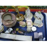 XIX Century Sunderland Jug, brass candlesticks, Mercedes bottle stopper, slide rule, etc:- One Tray