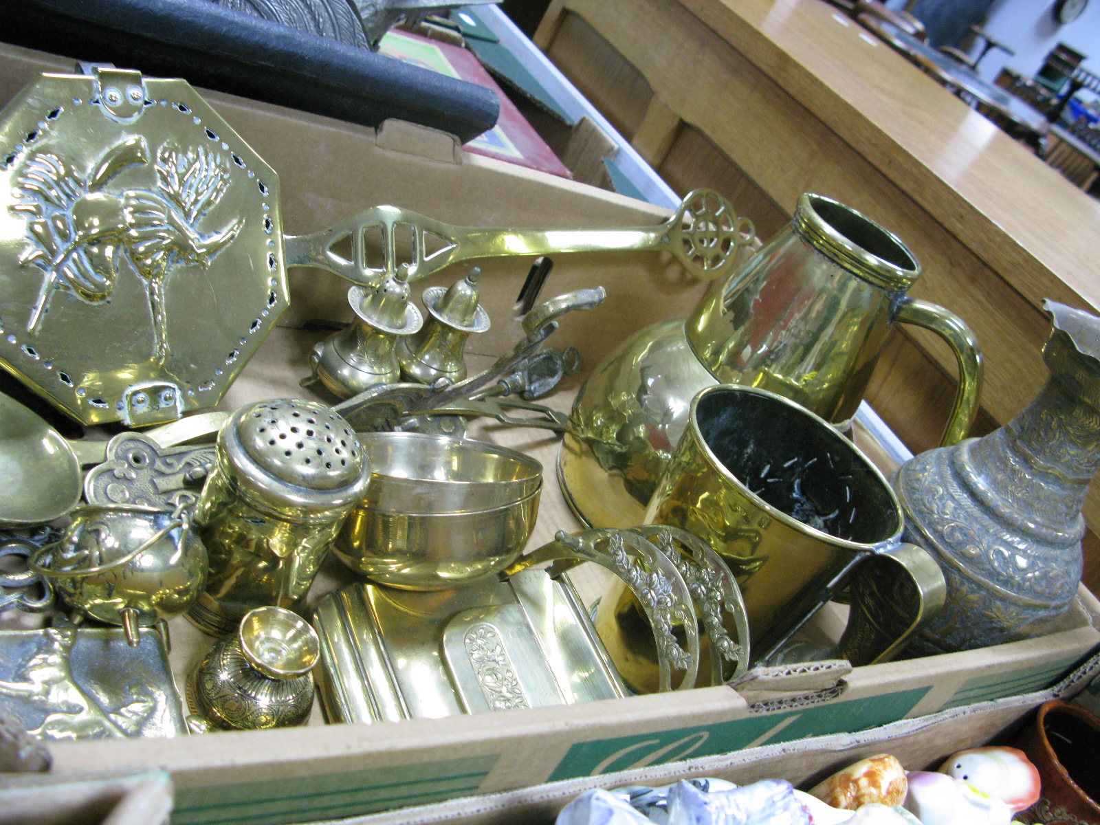 Brass Chestnut Roaster Tankard, jug, vase, letter stand, etc:- One Box